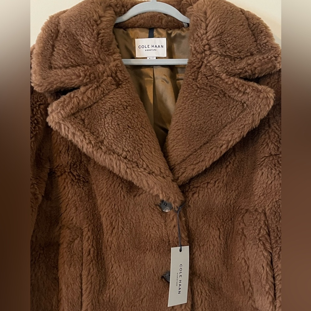 Cole Haan Signature Designer Brown Faux Fur Wool Blend Coat Size XL - Picture 10 of 16